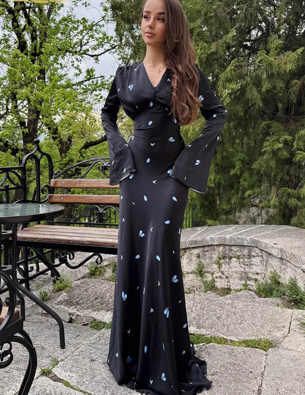 CAMINA V-Neck Long Sleeve Classic High Waist Dress