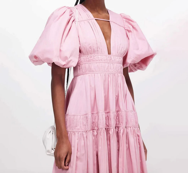 V Neck Puff Sleeve High Waist Solid Chic A Line Mini Dress