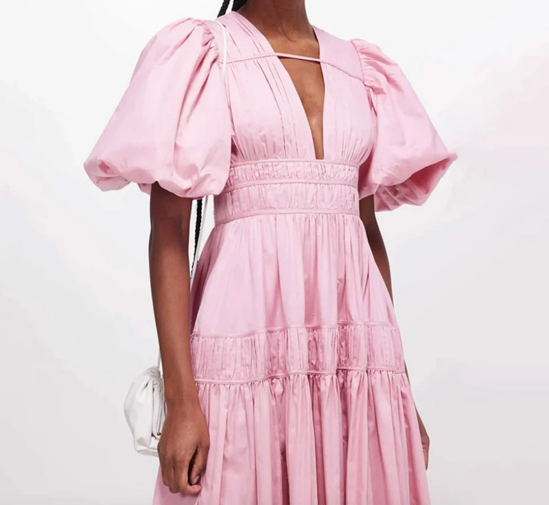 V Neck Puff Sleeve High Waist Solid Chic A Line Mini Dress