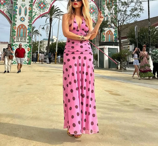 Polka Dot Printed Long Chic Fashion Backless Dress