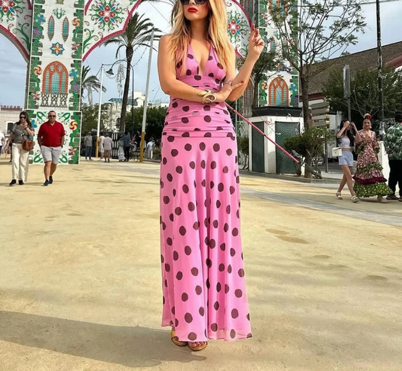 Polka Dot Printed Long Chic Fashion Backless Dress