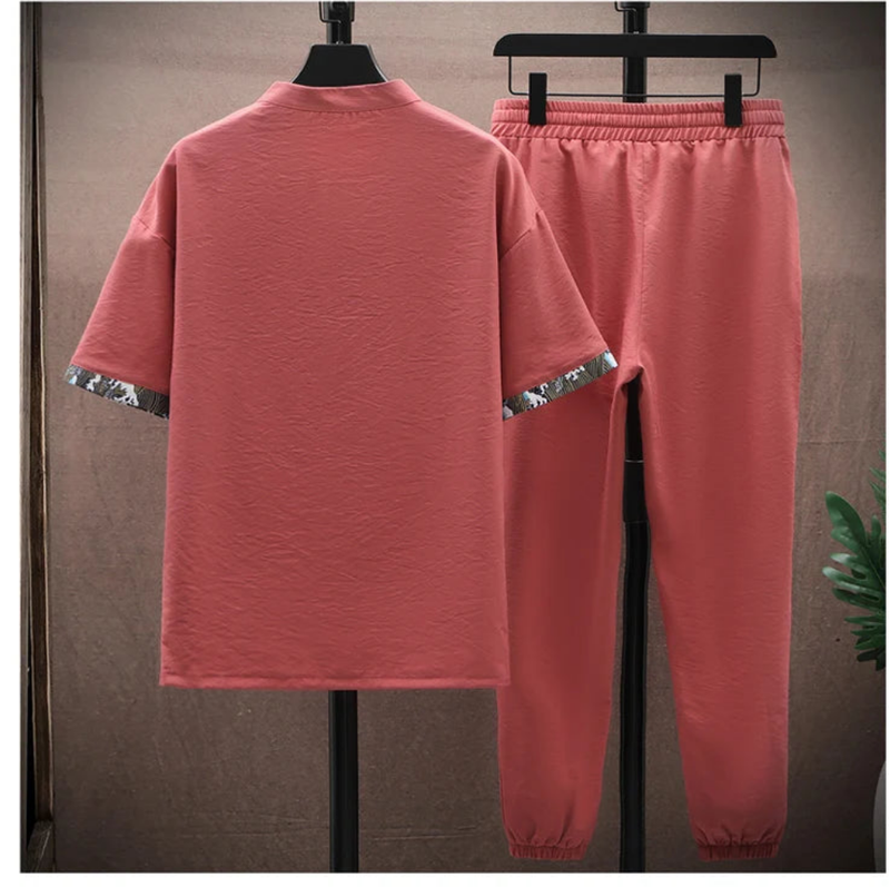 Cotton Linen Blend Short Sleeve V-neck T Shirts Pants