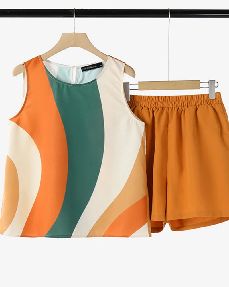 Summer Tanks Short Suit Holiday Stitching Pleats Sets