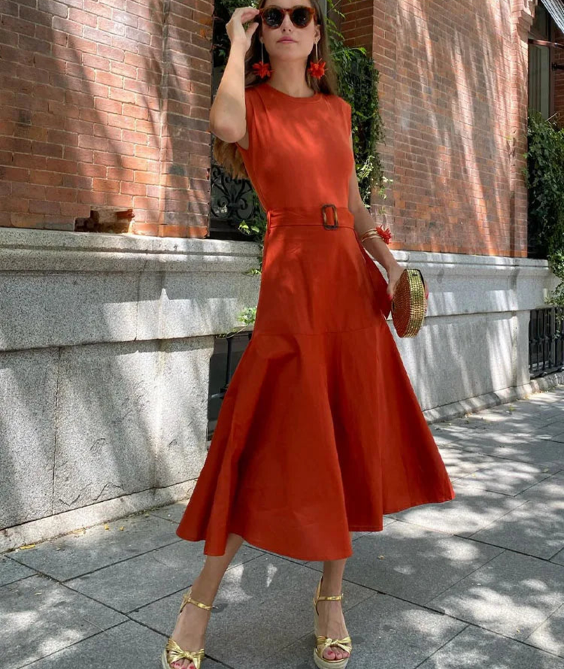 Crew Neck Poplin Knit Belted Patchwork Dress