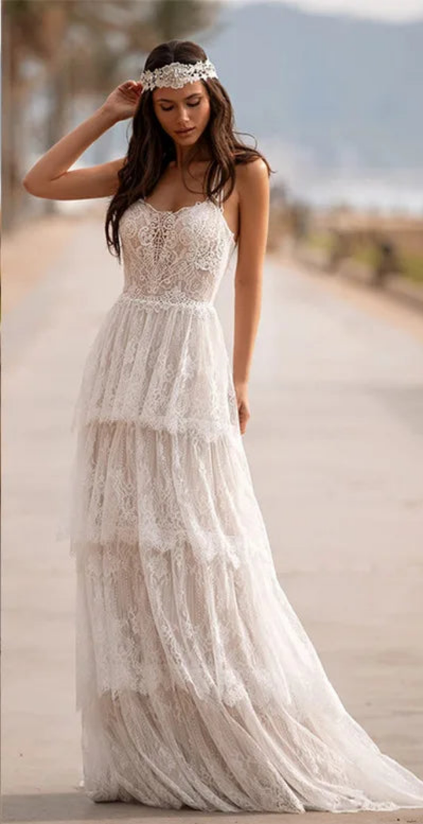 Tiered Lace Spaghetti Straps Bridal Dress