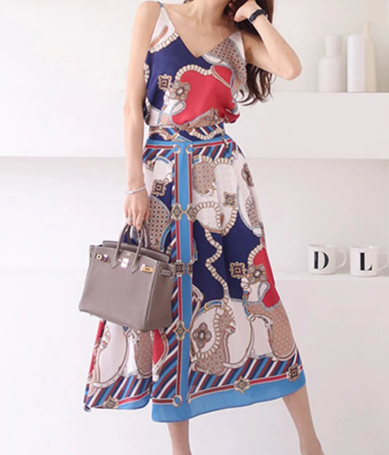 2 Pieces Set Camisole Top Blouses + Vintage A-Line Skirt