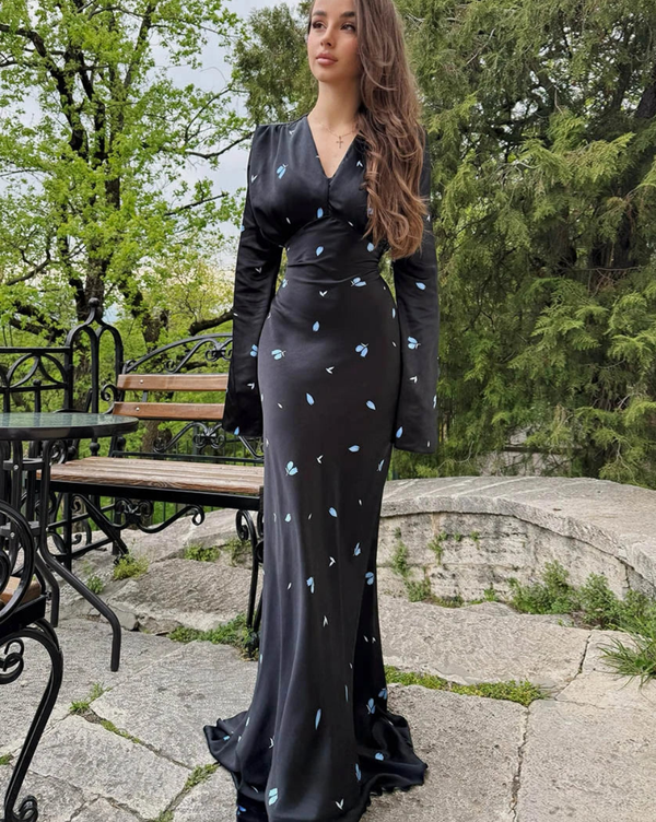 CAMINA V-Neck Long Sleeve Classic High Waist Dress