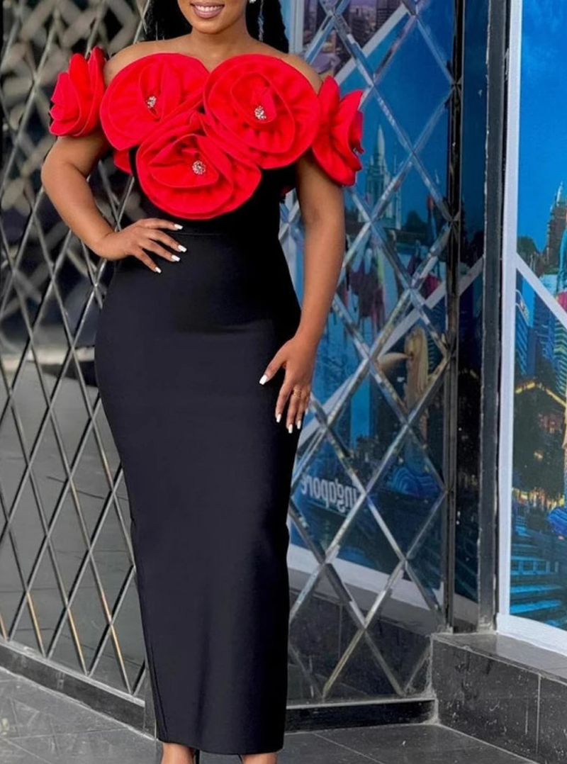 Elegant cocktail Shoulder Big Florals Bandage Long Dress