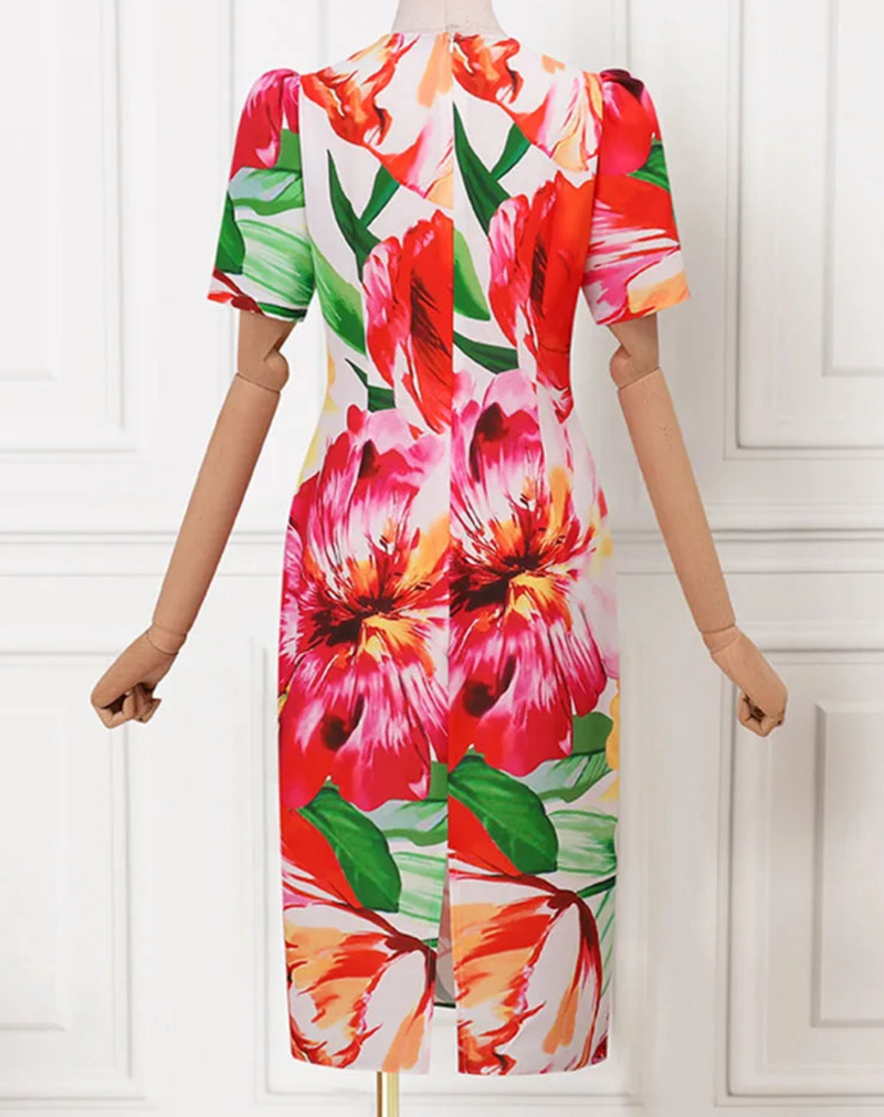 Bohemian Floral Printed Short Puff Sleeve Waisted Dress
