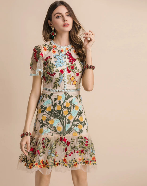 Flare Sleeve Floral Embroidery Hollow Out Midi Dress