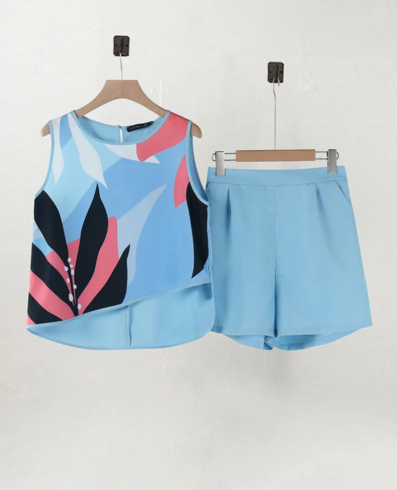 Vacation Loose Floral Asymmetrical Hem Top Solid Shorts Summer Suits