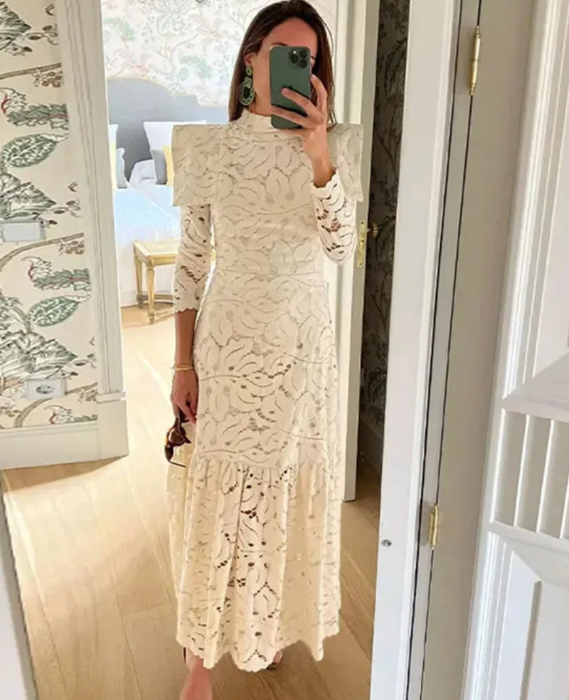 Elegant Lace High Collar Long Sleeve Slim Solid Dress