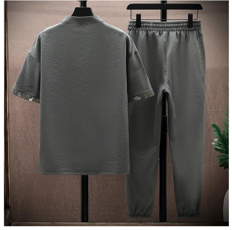 Cotton Linen Blend Short Sleeve V-neck T Shirts Pants
