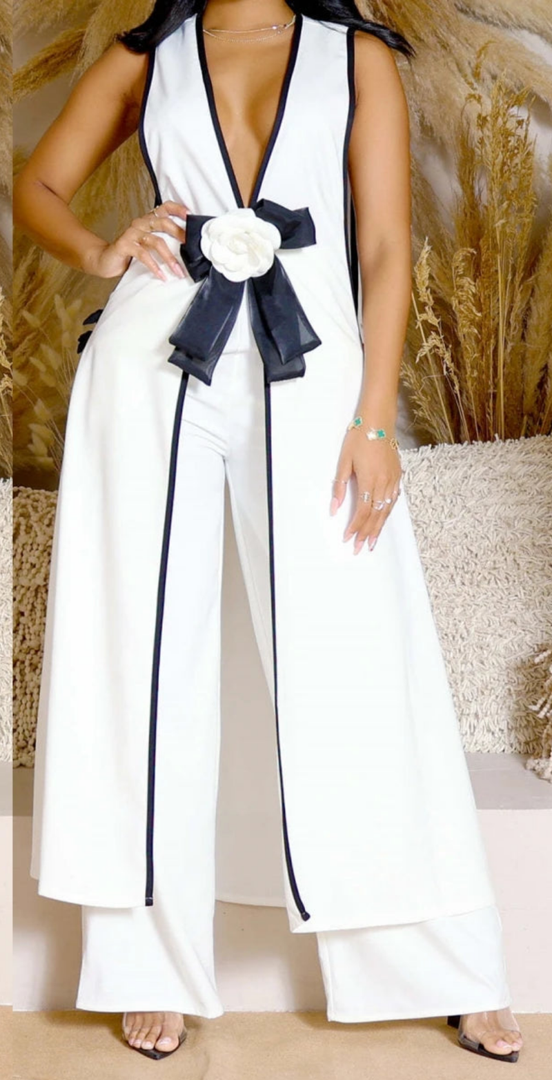 Bow Tie Long Sleeve Dress and Wide Leg Pant