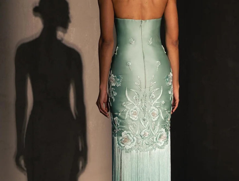 Elegant Embroidery Tassel Satin Evening Dress