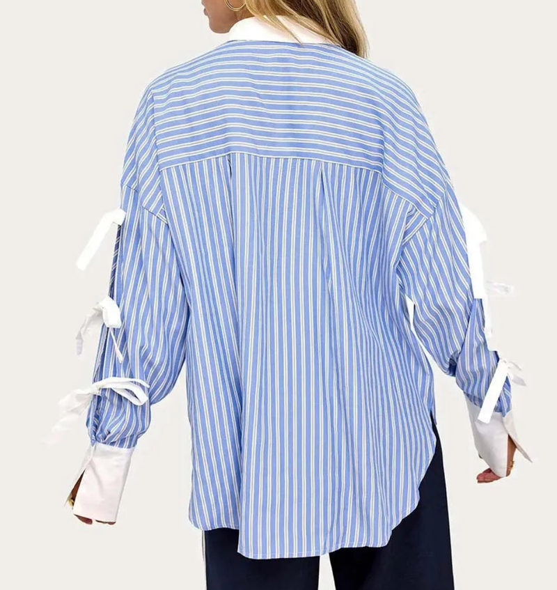 Elegant Blue Long Sleeve Patchwork Shirts
