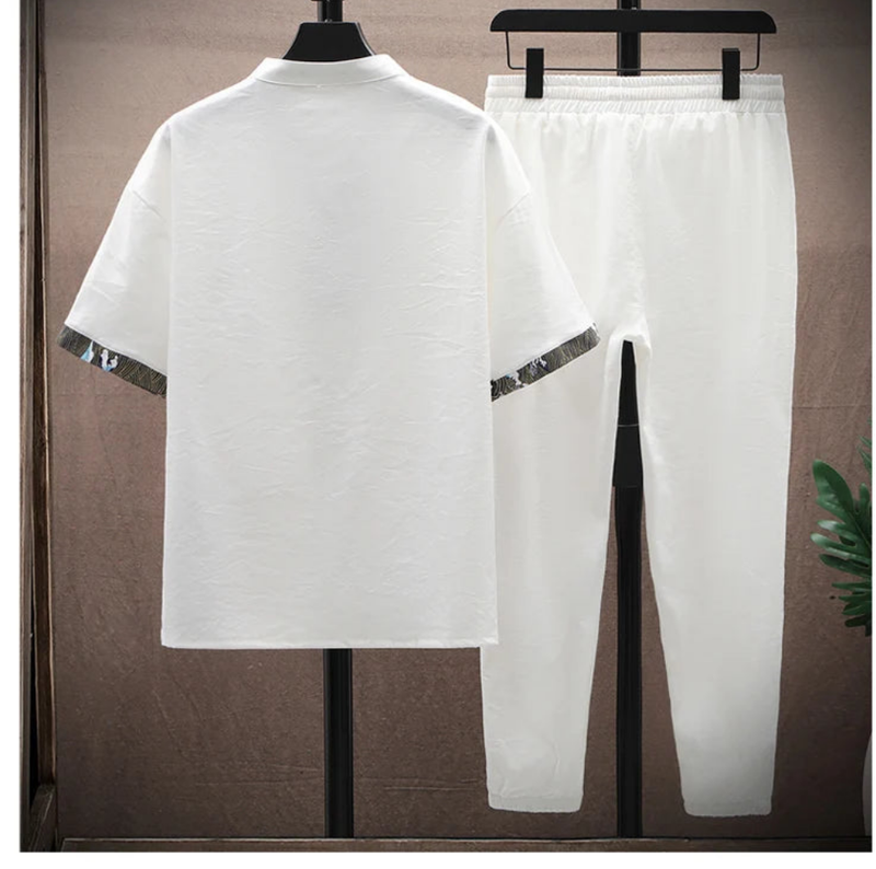Cotton Linen Blend Short Sleeve V-neck T Shirts Pants