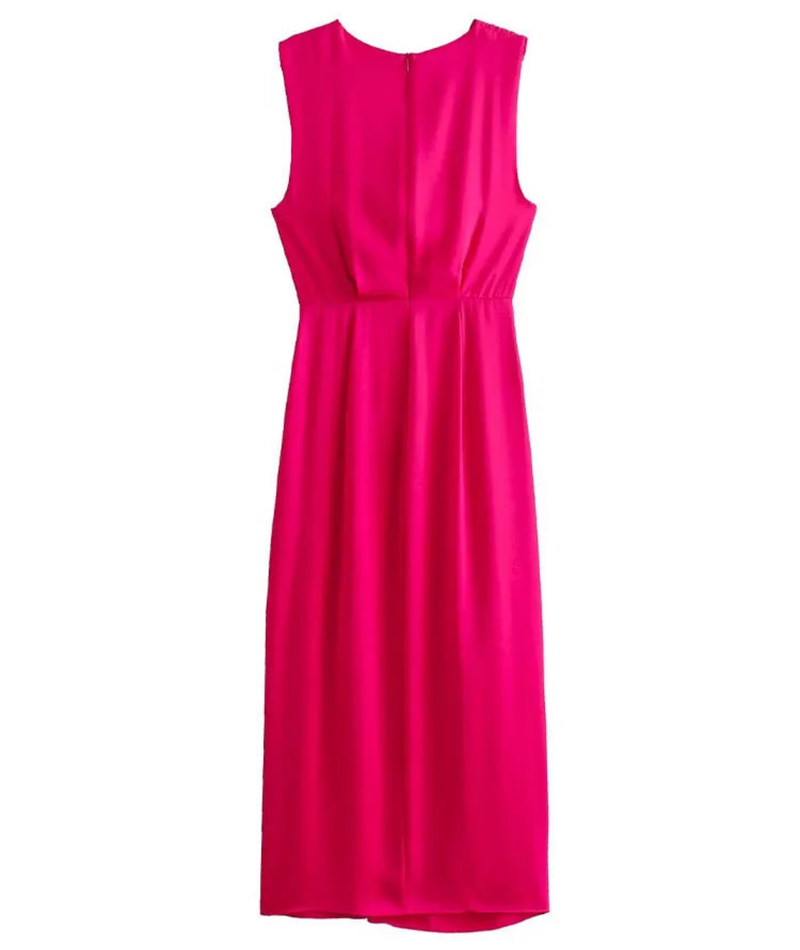 Sleeveless Satin Pink Ruched Slit Elegant Long Dress