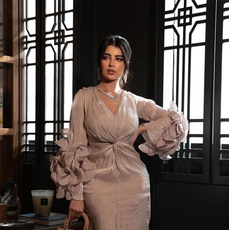 Organza Pleat Ruched Quinceanera V-Neck Long Sleeve Dresses