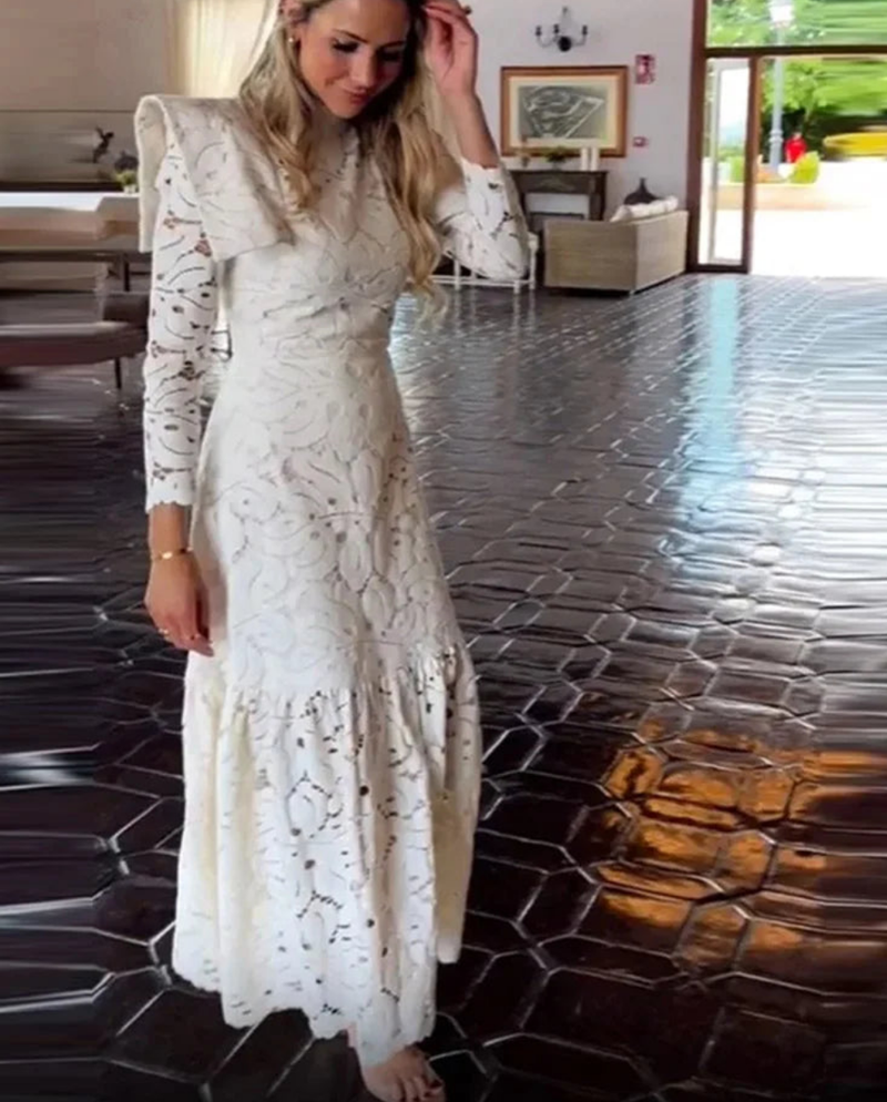 Elegant Lace High Collar Long Sleeve Slim Solid Dress