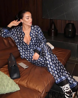 Vintage Blue Geometric Long Sleeve Loose Shirts+High Waist Wide Leg Pants