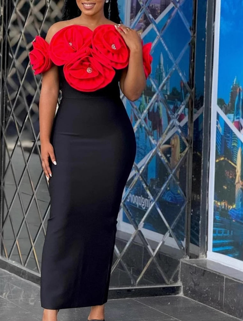 Elegant cocktail Shoulder Big Florals Bandage Long Dress