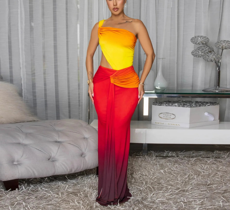 Draped Front One Shoulder Cutout Waist Bodycon Long Dress
