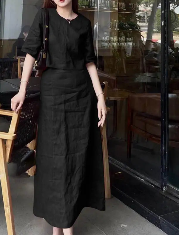Casual Short Sleeve Crop Tops Suit Long Skirts