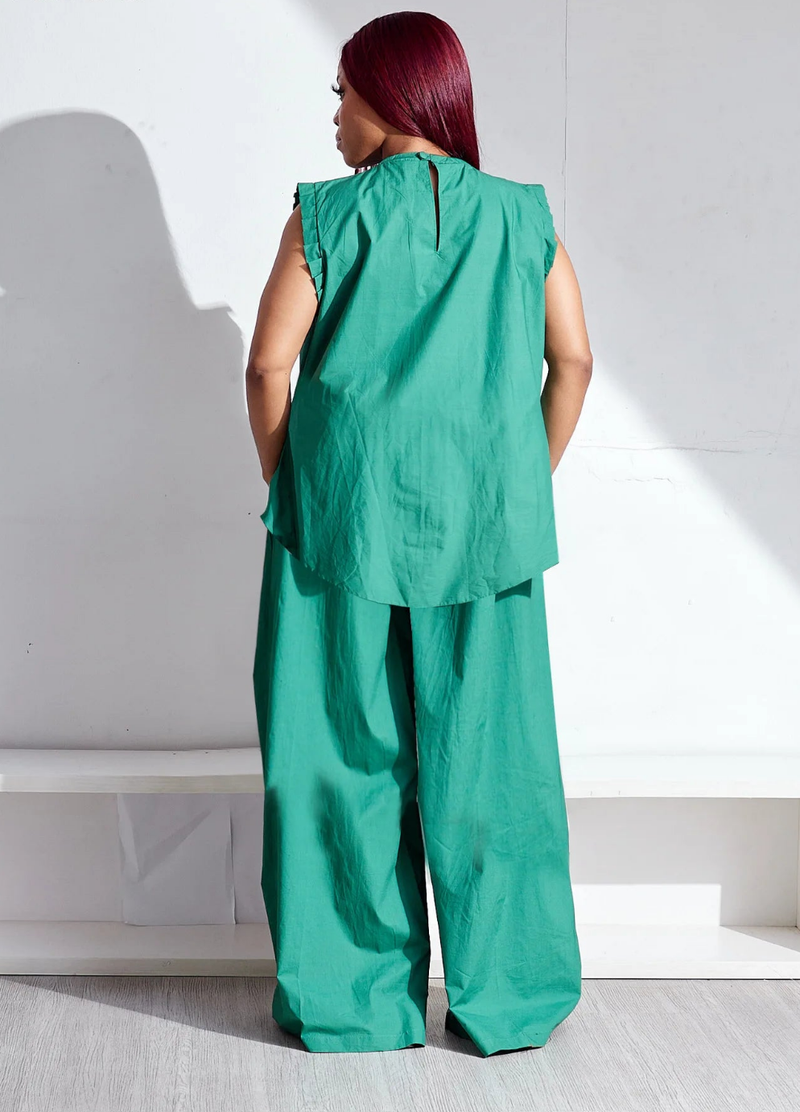 Ruffles Shoulder Loose Blouse and Wide Leg Pants