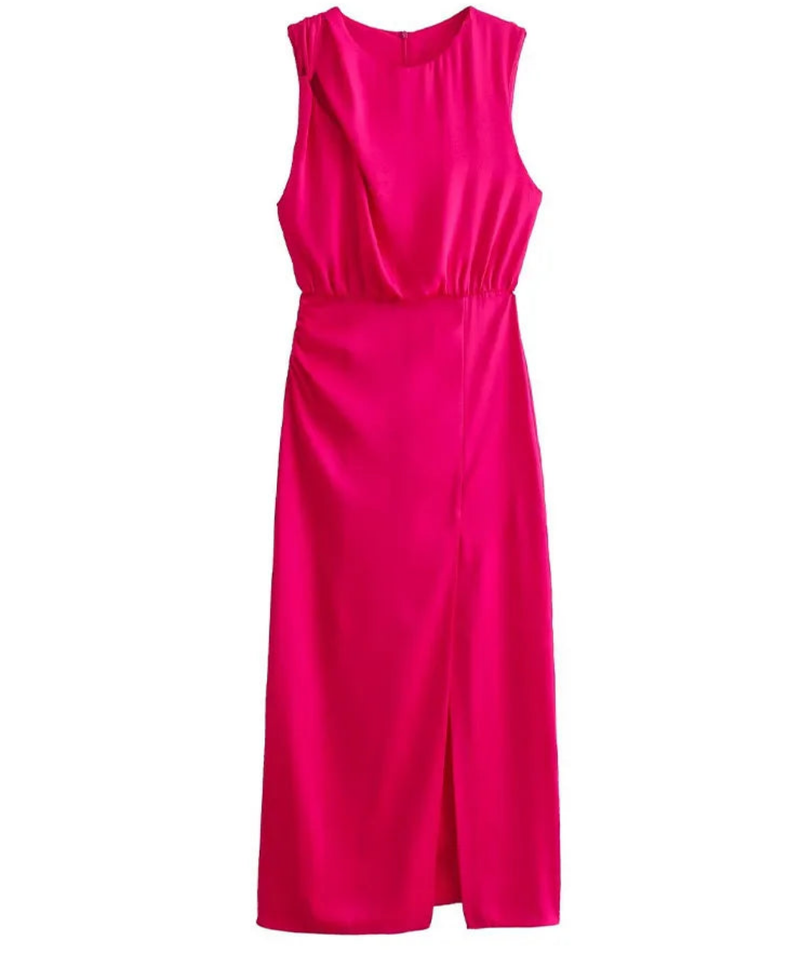 Sleeveless Satin Pink Ruched Slit Elegant Long Dress