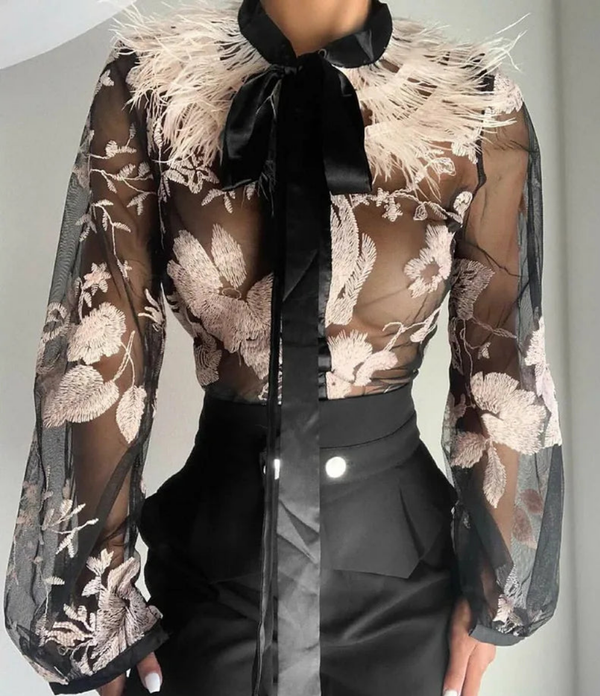 Stitching Embroidered Mesh Lace-up Top Blouse