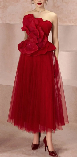 Elegant Exquisite Tulle Handmade Flower Pleat Draped A-line Strapless Midi Dress