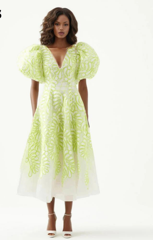 Deep V Neck Puff Sleeve High Waist Tunic Dress