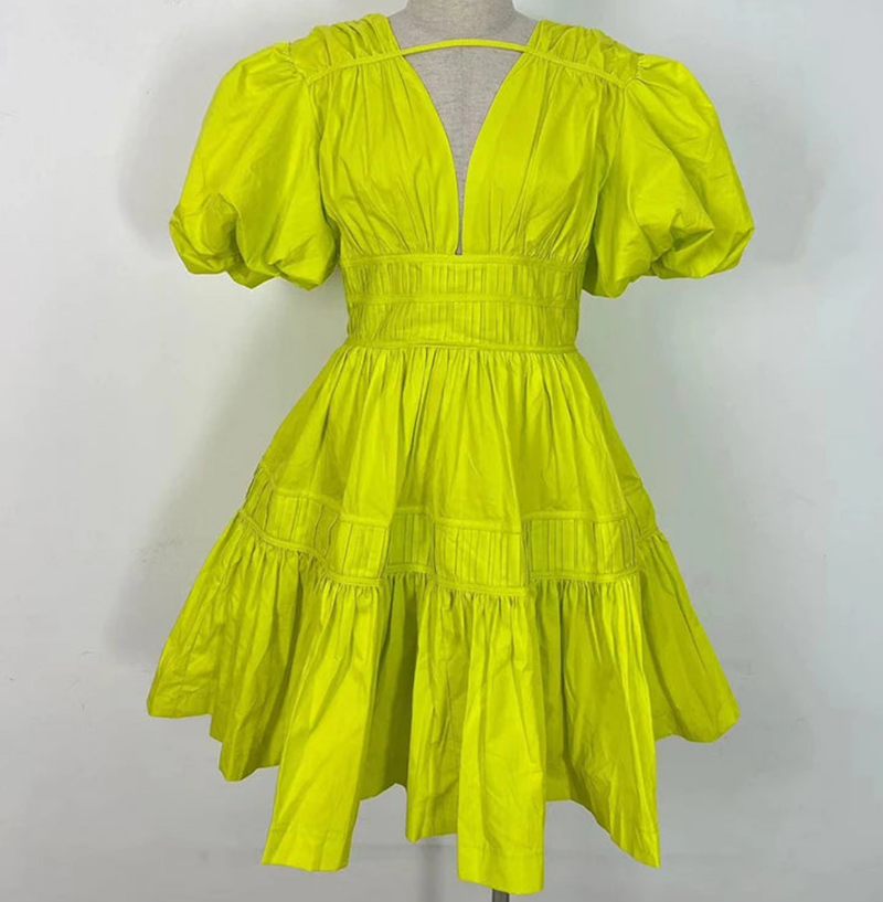 V Neck Puff Sleeve High Waist Solid Chic A Line Mini Dress