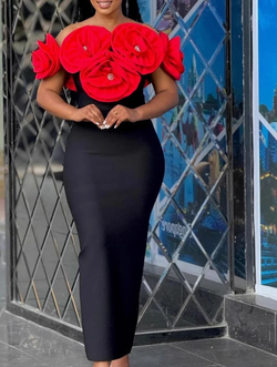 Elegant cocktail Shoulder Big Florals Bandage Long Dress