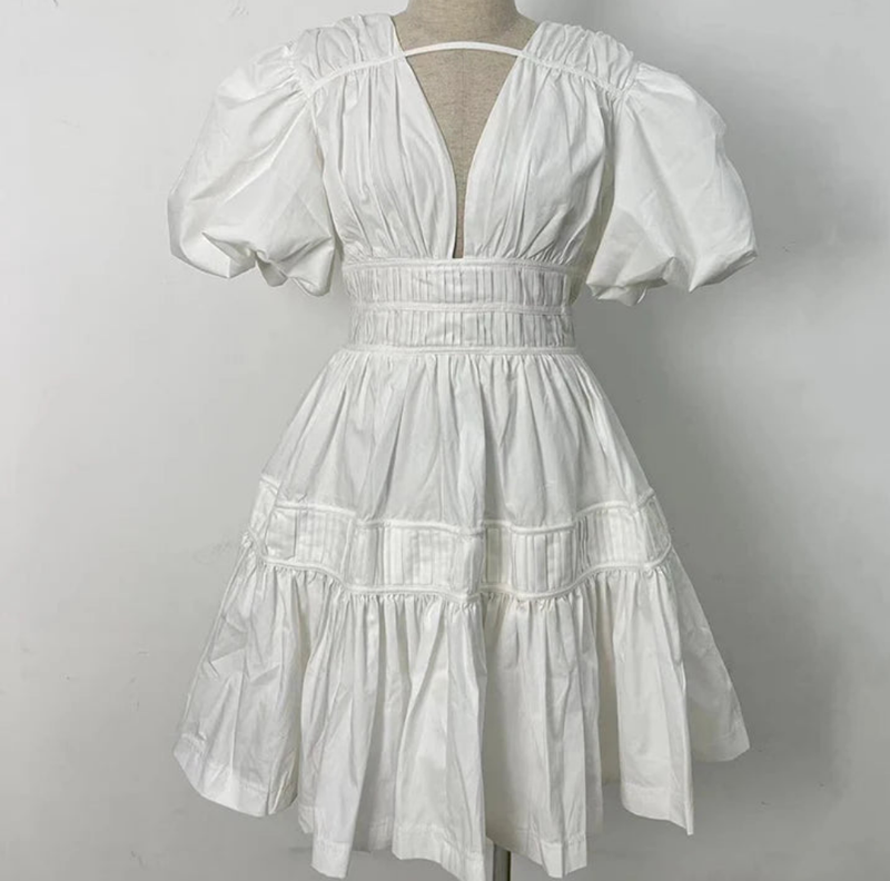 V Neck Puff Sleeve High Waist Solid Chic A Line Mini Dress