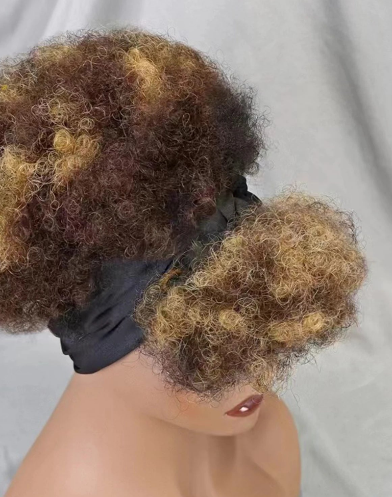 Afro Kinky Curly Scarf Wigs with Bangs Wig Bouncy Curly Human Hair Wig 200%