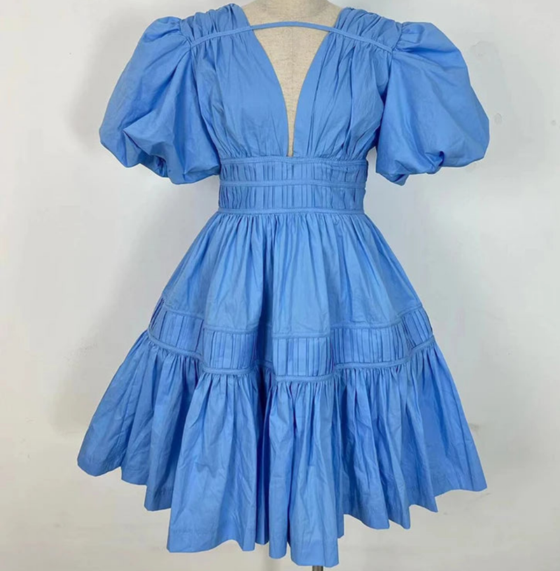 V Neck Puff Sleeve High Waist Solid Chic A Line Mini Dress