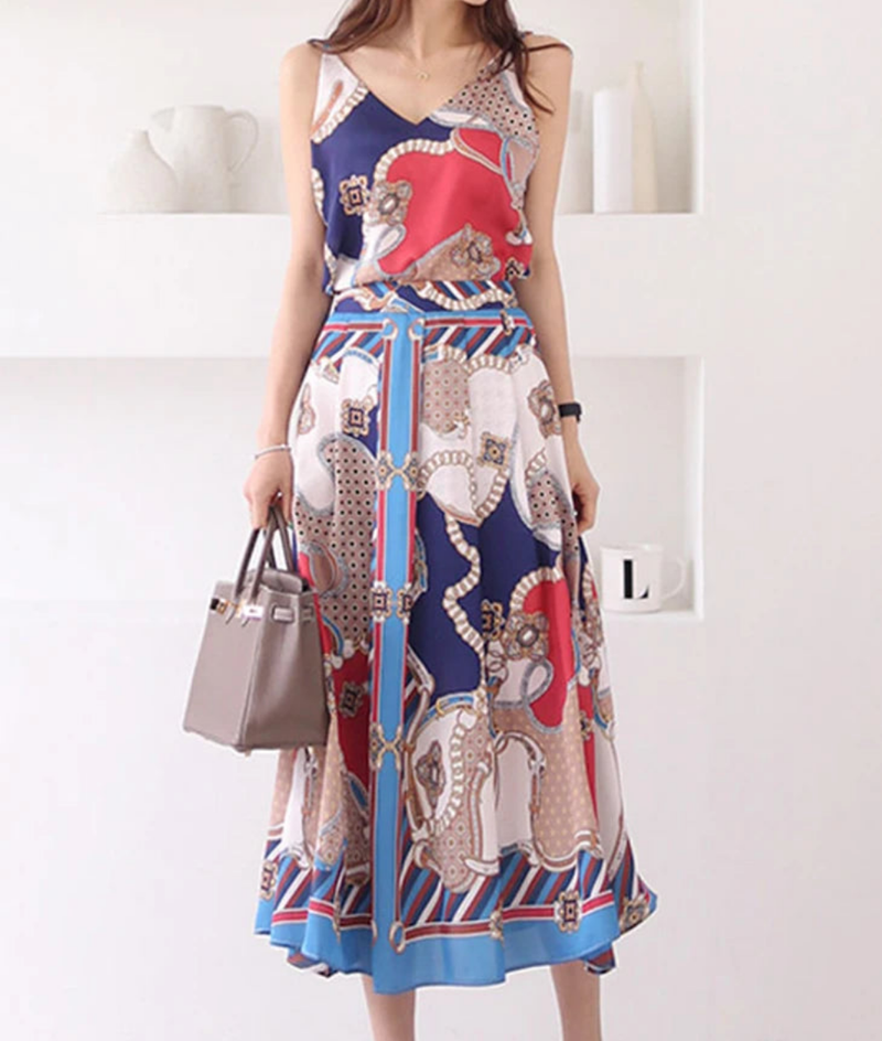 2 Pieces Set Camisole Top Blouses + Vintage A-Line Skirt