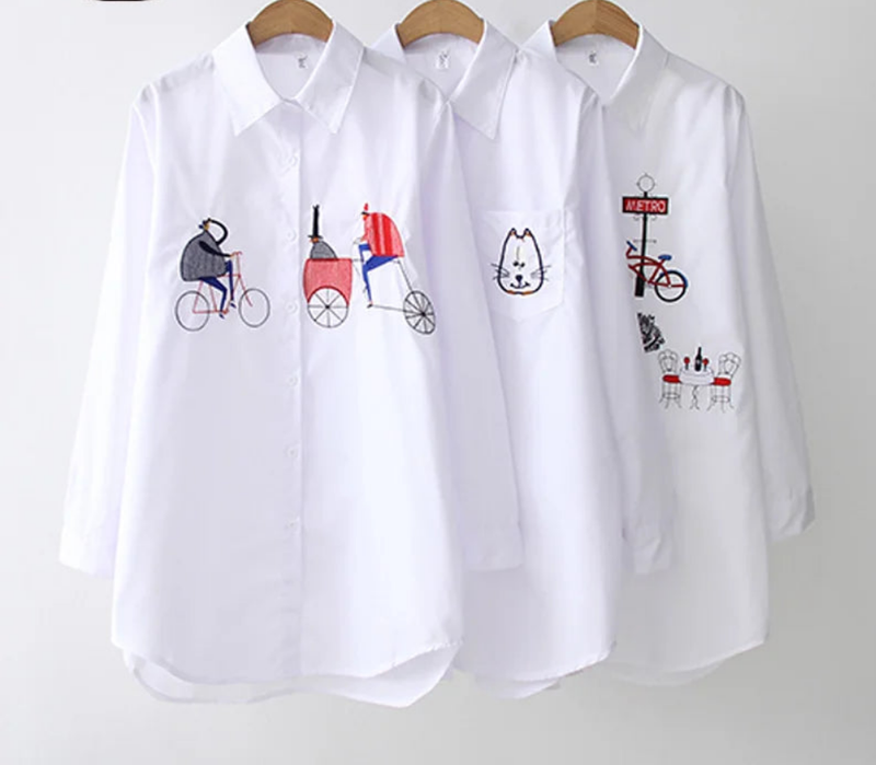 New White Button Long Sleeve Cotton Blouse Embroidery