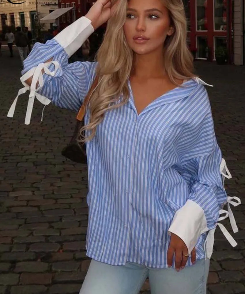 Elegant Blue Long Sleeve Patchwork Shirts