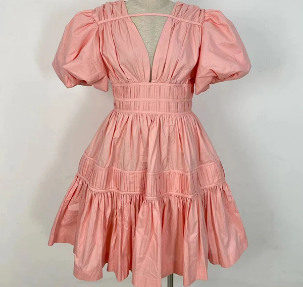 V Neck Puff Sleeve High Waist Solid Chic A Line Mini Dress