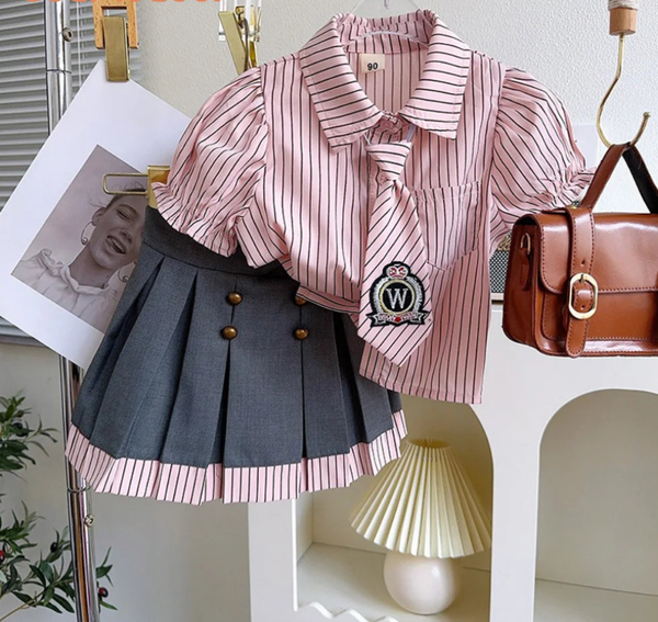 Pink Short Sleeved Tie Shirt+Pleated Skirt