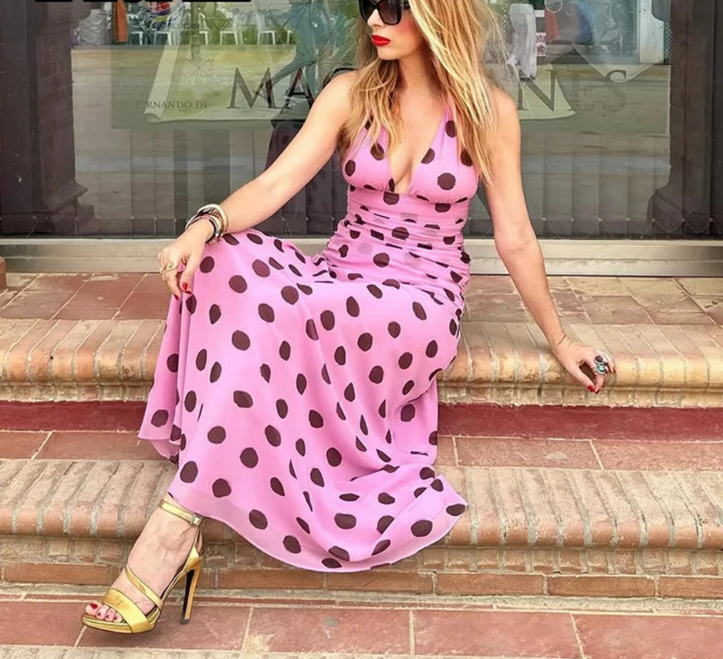 Polka Dot Printed Long Chic Fashion Backless Dress