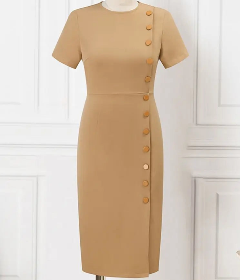 Elegant Short Sleeve Casual Slim Hip Midi Buttons Dress