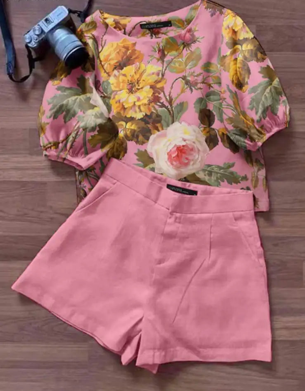 Elegant Short Sleeve Floral Blouse Tracksuit