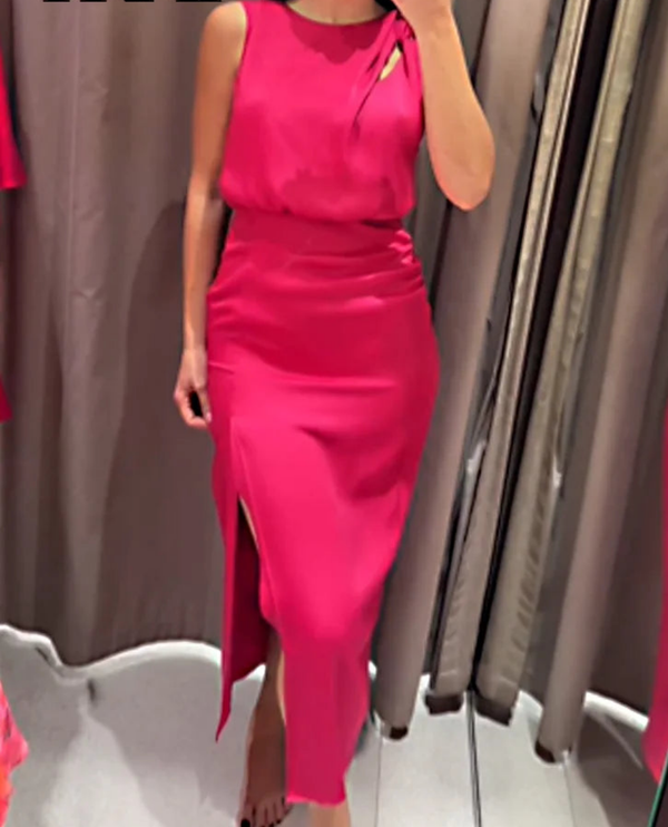 Sleeveless Satin Pink Ruched Slit Elegant Long Dress