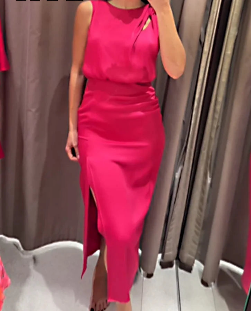 Sleeveless Satin Pink Ruched Slit Elegant Long Dress
