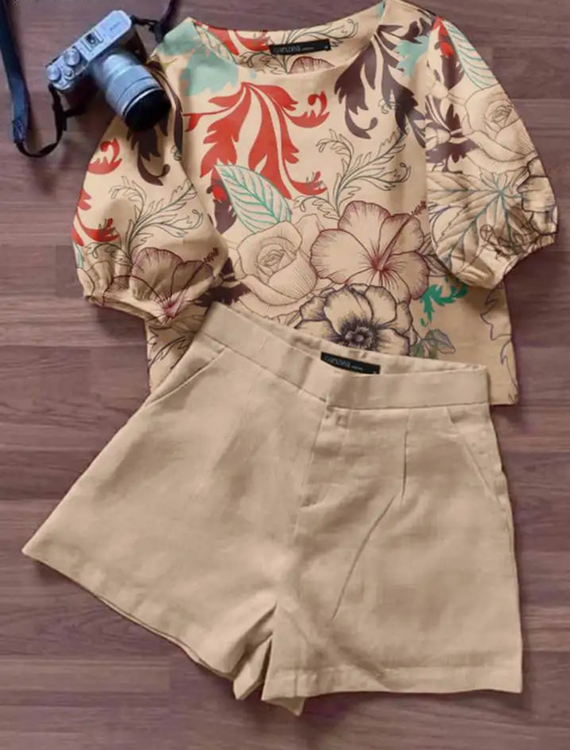 Elegant Short Sleeve Floral Blouse Tracksuit