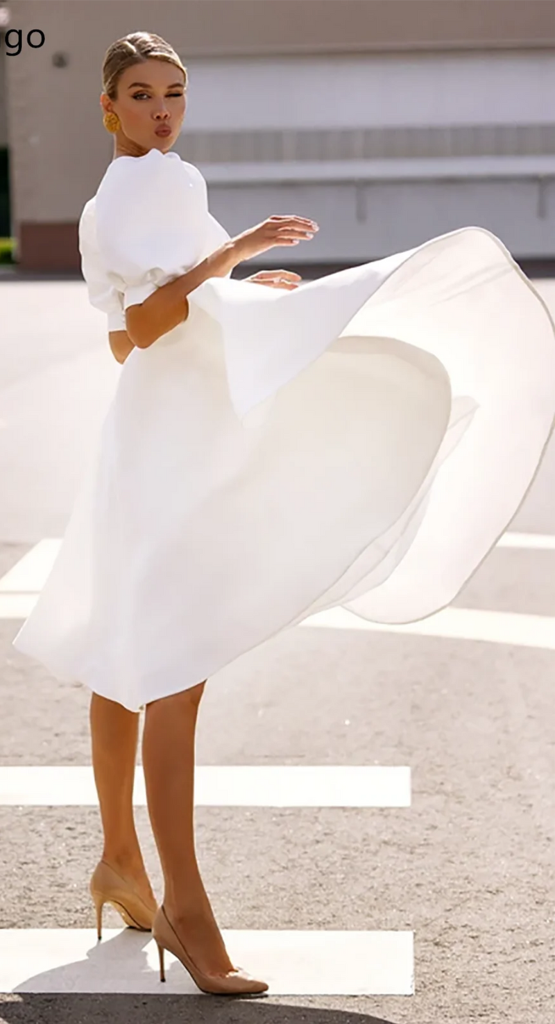 Satin Puff Short Sleeves Backless Dress